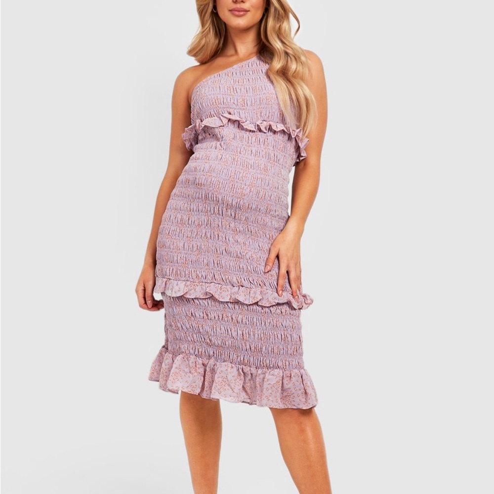 MATERNITY ONE SHOULDER SHIRRED MIDI DRESS